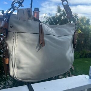 NewCoach White and Brown Leather Shoulder Bag with Tassel Accent